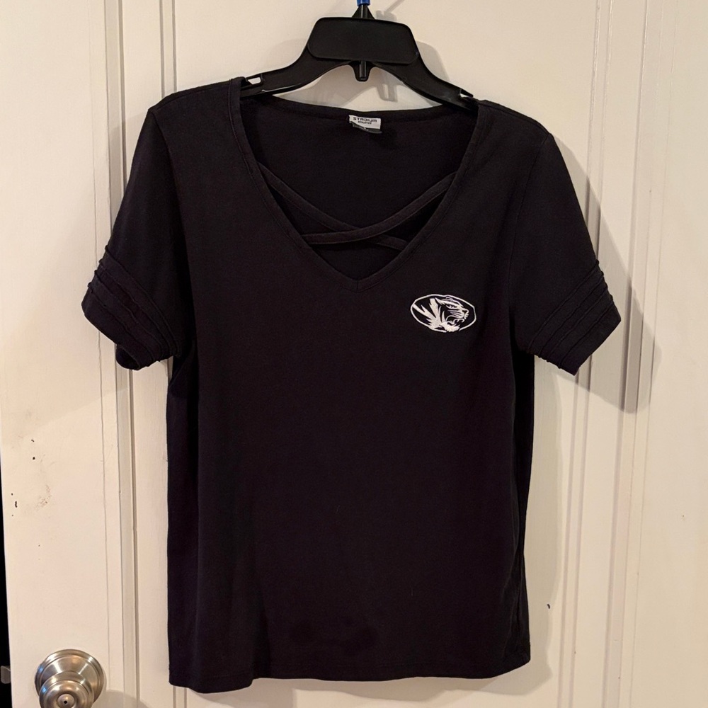 Stadium Athletics Black V-Neck Crisscross Short Sleeve Tee
